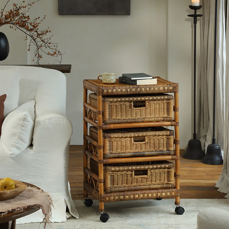 叕木东南亚藤艺\南洋复古风藤编收纳推车移P动边几客厅卧室置物