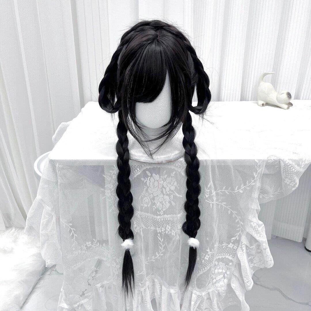 喵灵界假发女80cm直发齐浏海黑长直麻花辫Lolita日系jk全头套