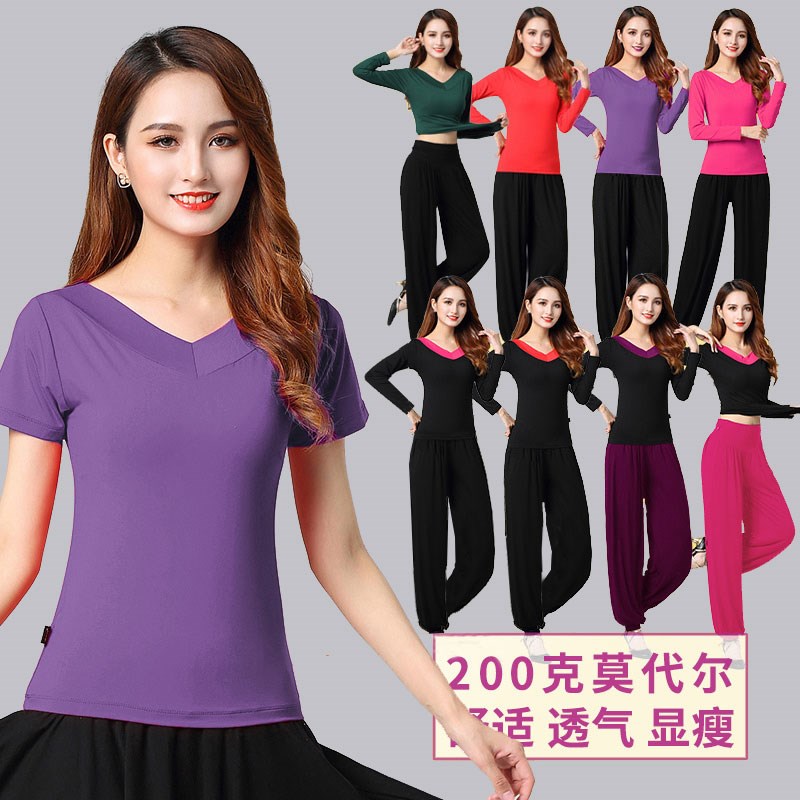 新款广场舞服装纯棉短袖上衣跳舞绣花中年演出休闲练习服舞蹈衣服
