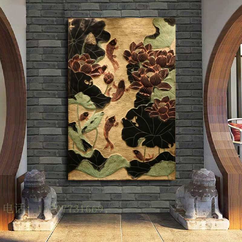 立体浮雕壁饰荷花挂件鱼戏莲香玄关背景墙门厅走廊装饰画 新中式图片