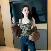 美式 豹纹自带杯垫小吊带背心上衣女春秋外穿纯欲辣妹美背抹胸短款