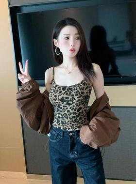 美式豹纹自带杯垫小吊带背心上衣女春秋外穿纯欲辣妹美背抹胸短款