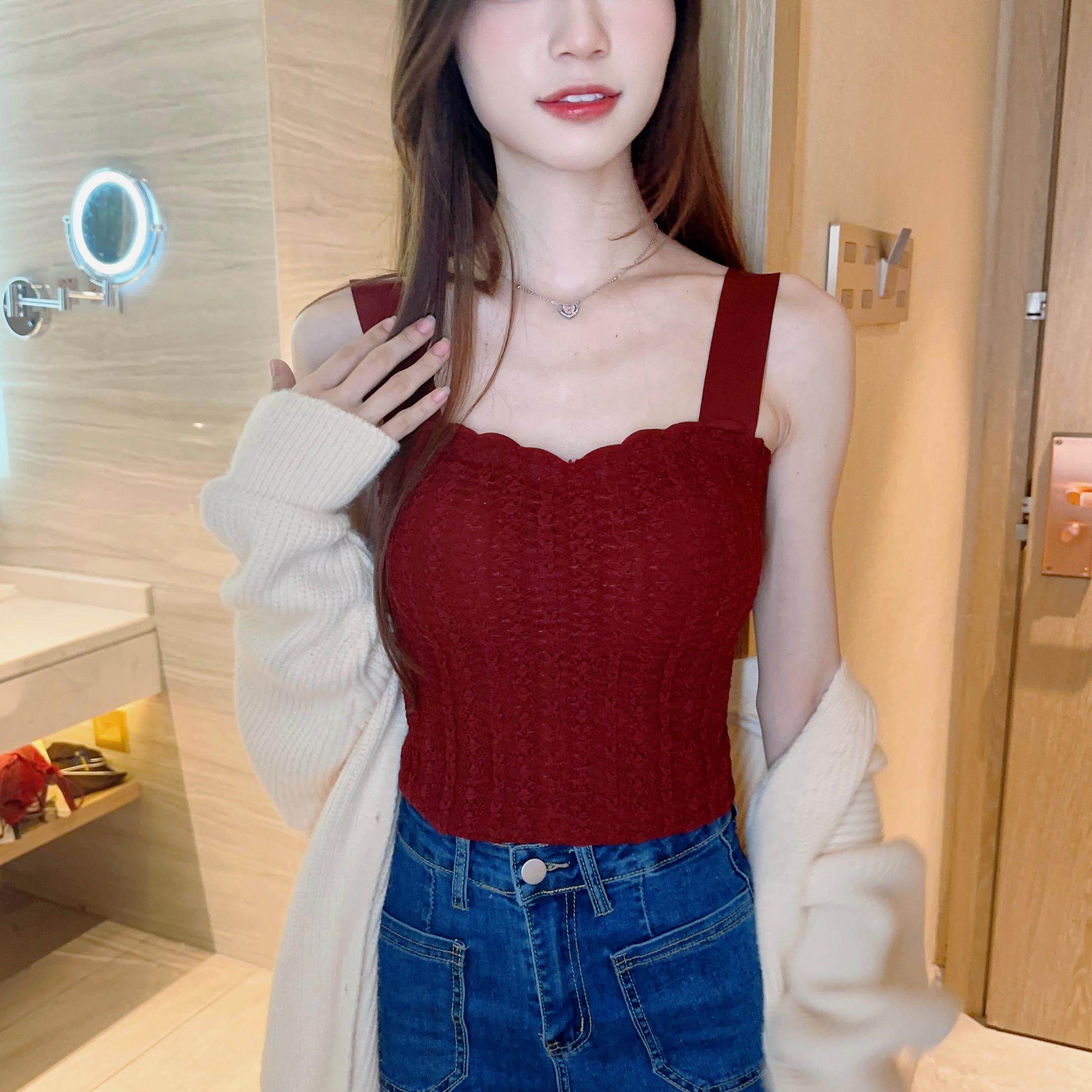 红色本命年德绒保暖背心文胸吊带带杯垫内衣性感小胸百搭修身上衣