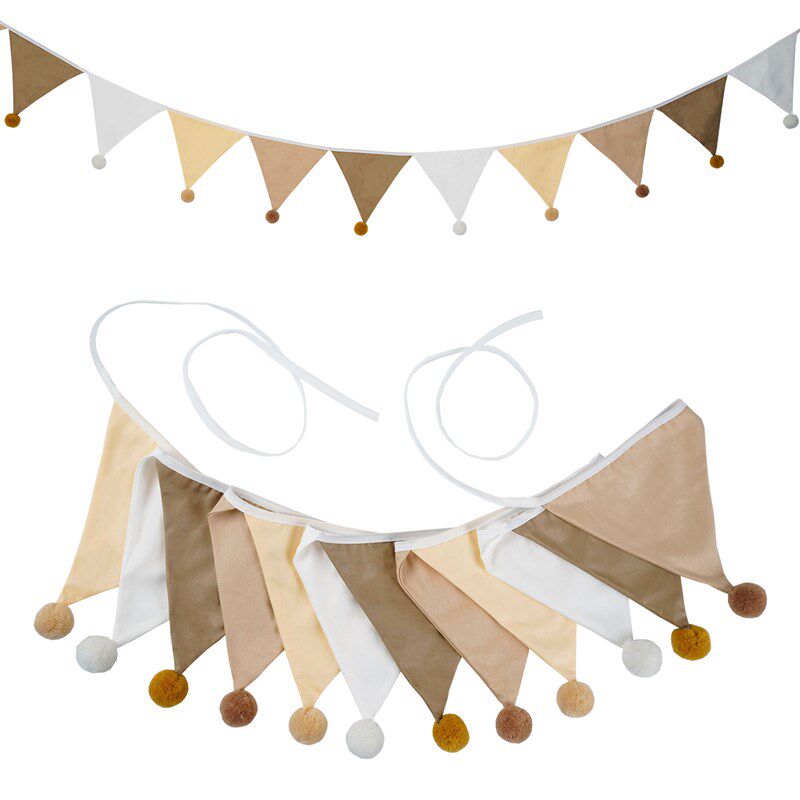 时尚米咖白色系棉布燕尾旗拉t花串旗帐篷旗毛球&流苏拉旗 YSJQ347