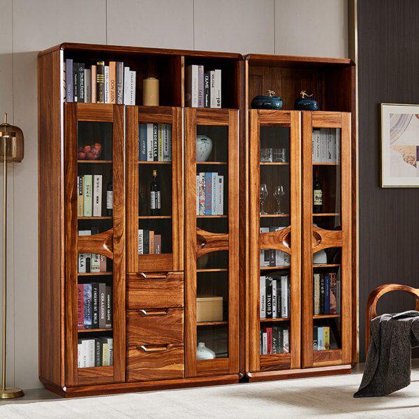 乌金木新中式全实木门书房展示柜两书柜三门书柜现代简约原木家具