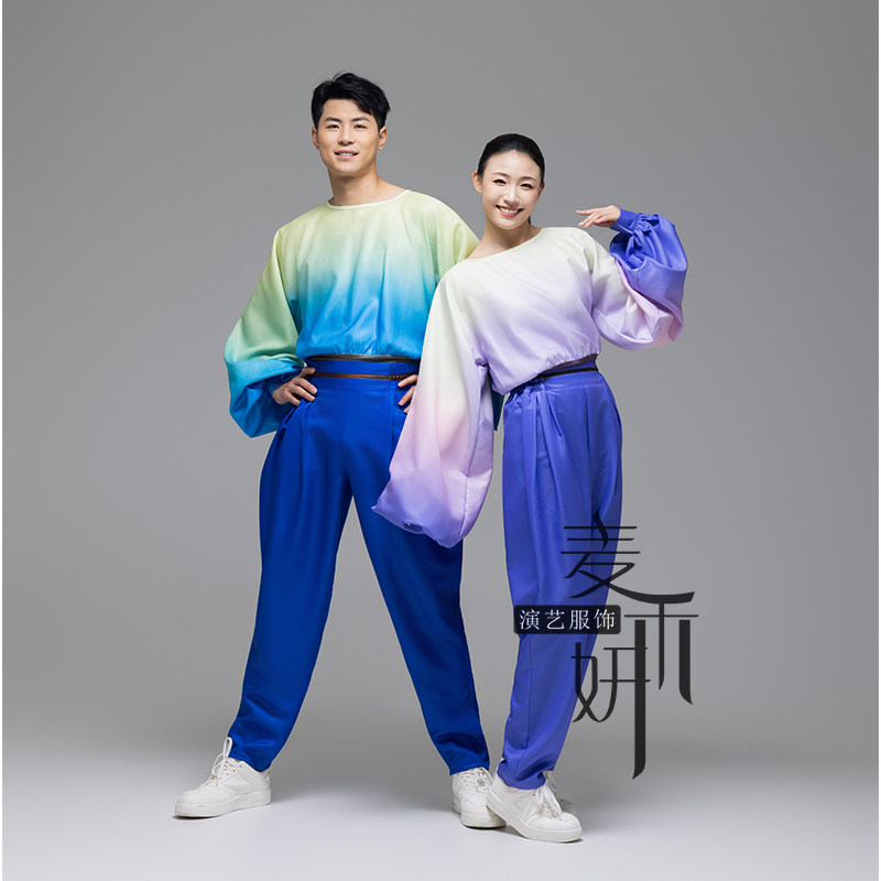 现代爵士伴舞民族风舞蹈服装男女款渐变色飘逸舞台表演演出服租赁