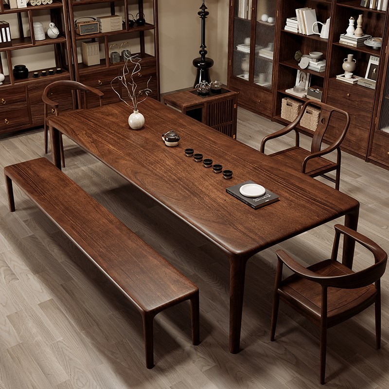 黑胡桃木b卯榫茶桌椅客厅家用大板茶台2025高端小户型阳台办公茶