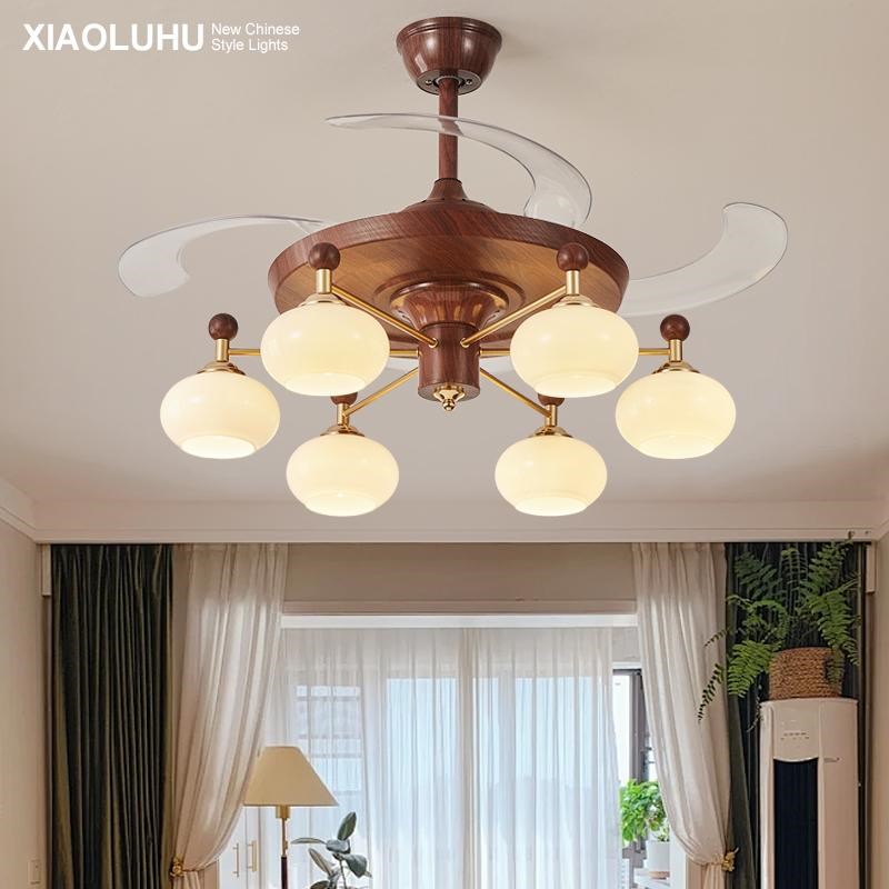 中古风客厅隐形风扇灯餐厅创意新中式吊扇灯卧室家用一体电风扇灯