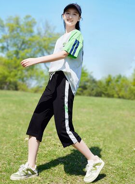 初中生夏装女套装少女中学生2024夏季七分裤两件套高中生休闲T恤
