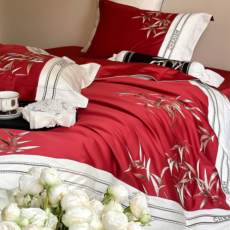 新中式国潮风竹子四件套纯棉结婚长绒棉婚庆全棉被套床单床上用品