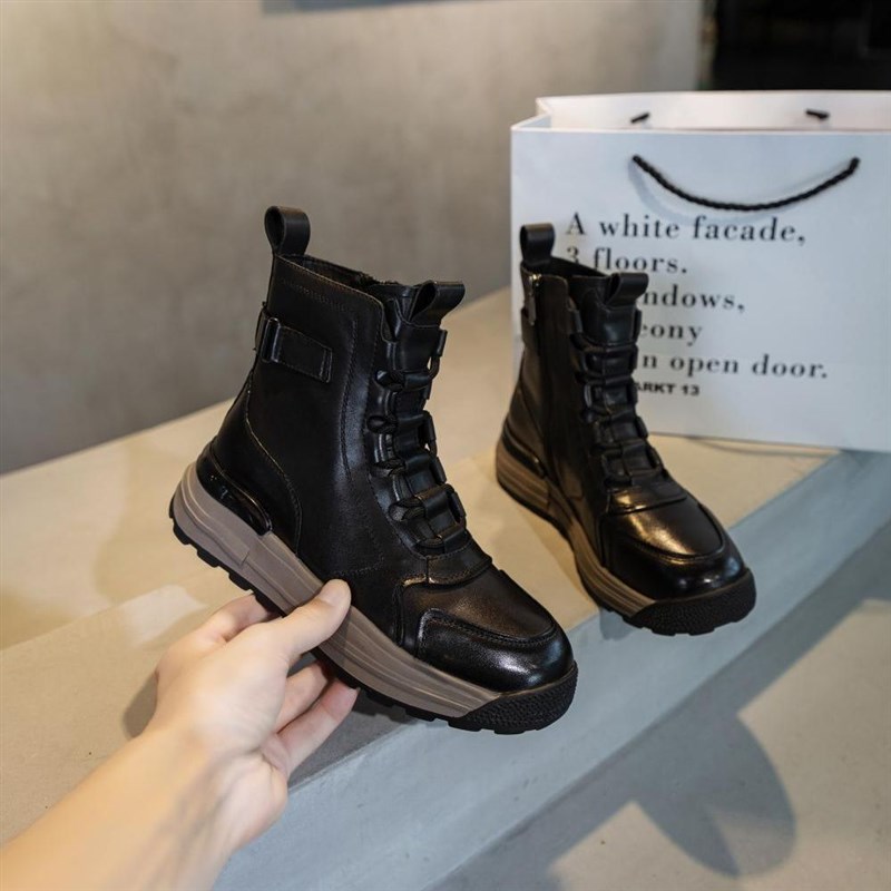 头层牛皮马丁靴女中跟圆头系带工装靴短筒英伦风女鞋及裸靴短靴