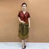 短袖 新中式 中裙 老年人60岁大码 V领流苏款 国风真丝连衣裙夏季 新款