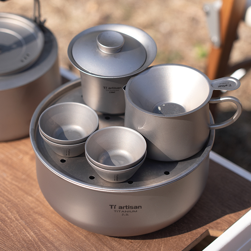 钛工匠纯钛旅行茶具套装户外露营茶盘茶海家用圆形茶台钛茶具2.1L