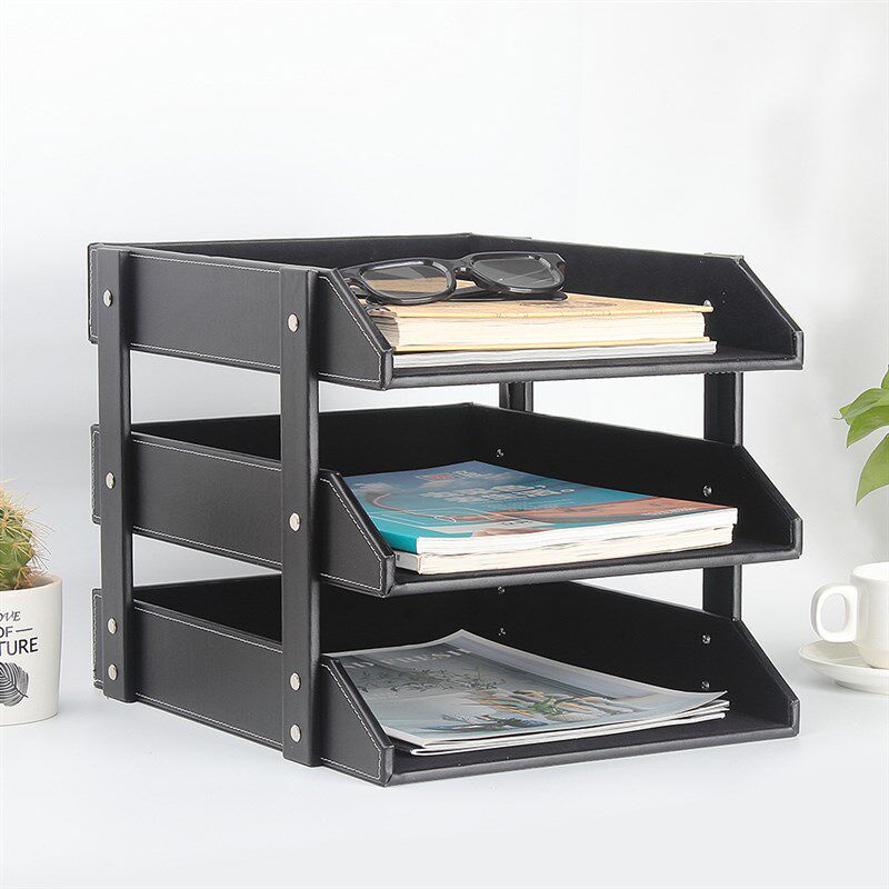皮质三层文件架文件栏桌面收纳整理文件盘商务资料架办公用品定制