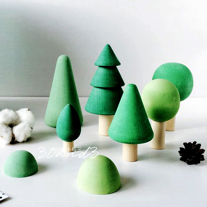 磨砂小树实木质摆件蘑菇屋儿童玩具亭子桥模型过家家橱窗场景DIY