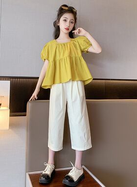 女童夏装套装2024新款潮女大童夏季纯棉洋气休闲娃娃衫儿童两件套