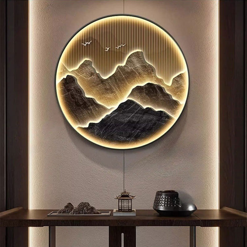 2024新款玄关装饰画轻奢高级感LED灯画圆形客厅壁画背有靠山挂画