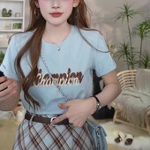 潮牌浅蓝色正肩短袖 t恤女2025夏季 新款 美式 宽松显瘦半袖 上衣