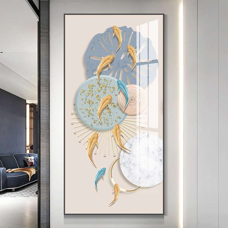 进门生财玄关画入户正对门挂画走廊尽头墙壁画寓意好鱼图装饰画