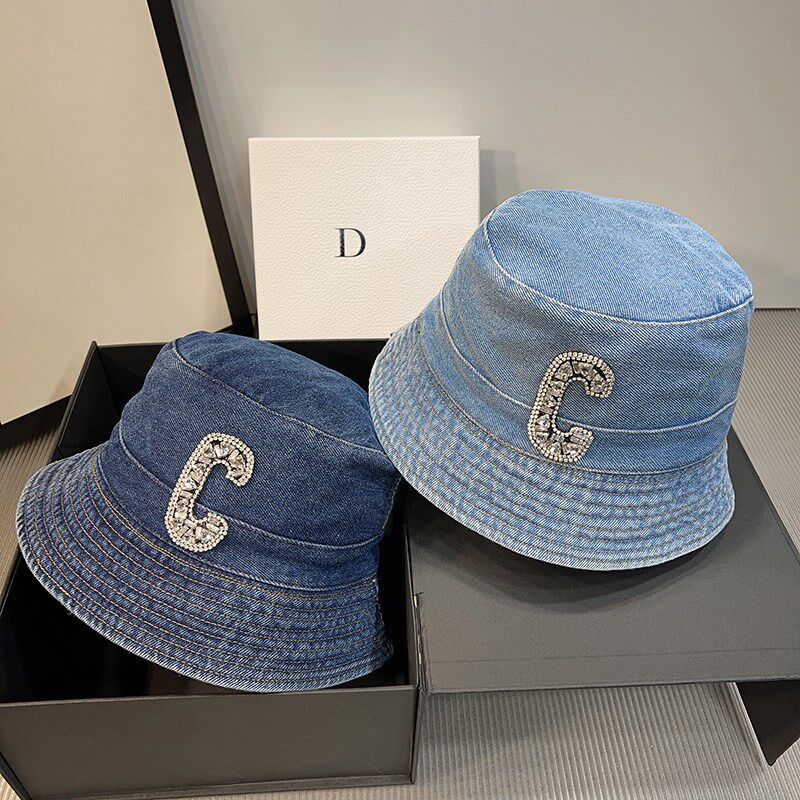 韩版新款牛仔渔夫帽子女C字母水钻百搭显脸小水桶帽遮阳防晒盆帽