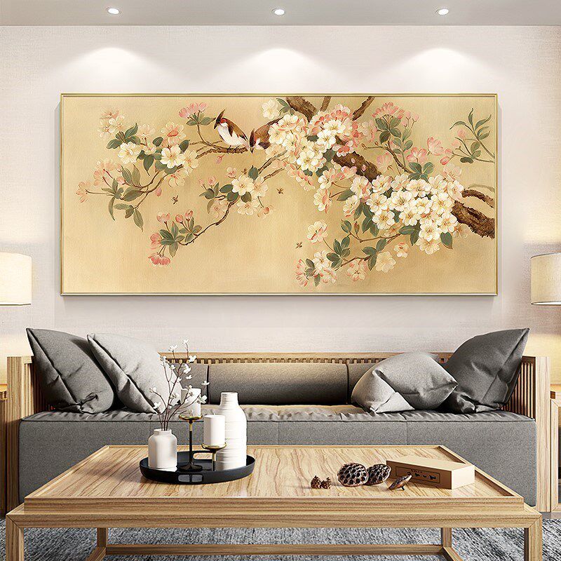 新中式花鸟图客厅装饰画手绘油画茶室沙发背景墙别墅大幅国风挂画