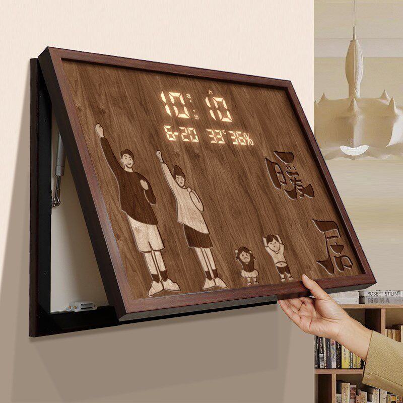 中古风一家四口电表箱装饰画带钟表配电箱多功能弱电箱遮挡挂墙画