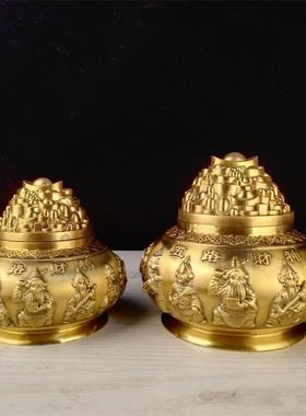 五路财神聚宝盆摆件招财风水镇宅财位带盖子中式古典桌面客厅圆形