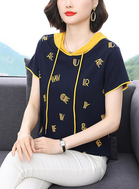 夏装2024新款带帽妈妈纯棉短袖t恤宽松洋气中年人连帽衫女士上衣