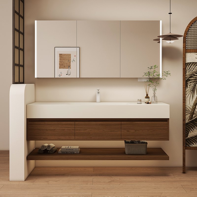 胡桃木色酒店风热弯岩板一体盆浴室柜组合洗漱台洗手池洗脸盆柜