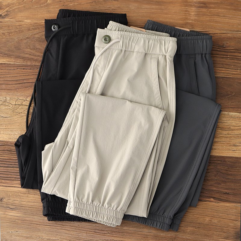 冰丝裤子男夏季薄款速干透气运动抽绳黑色弹力直筒小脚休闲束脚裤