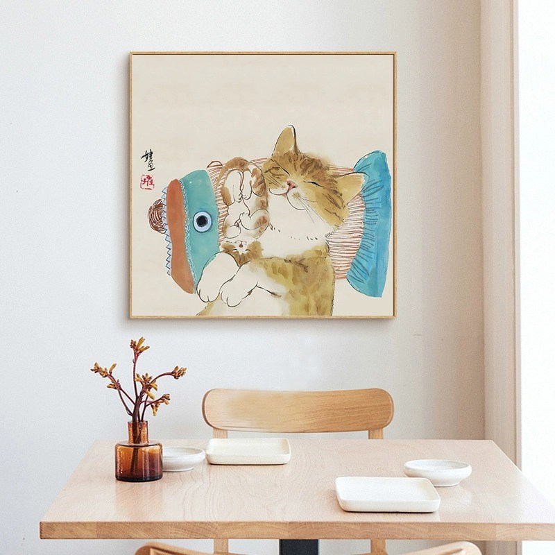 庆余年新中式简约餐厅装饰画饭厅餐桌背景墙面猫咪挂画民宿客厅画图片