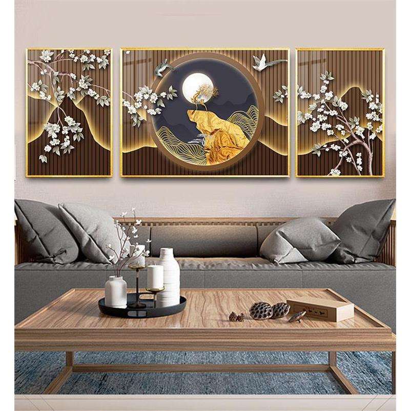 轻奢抽象意境客厅沙发背景壁画金山吉祥飞鸟植物入户三联装饰画