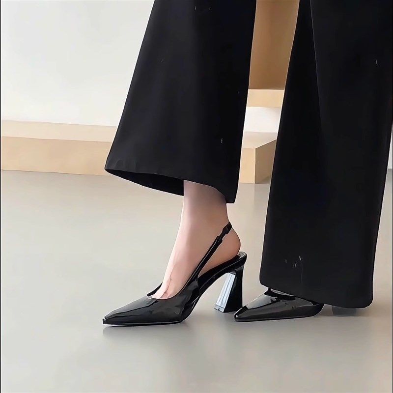 梨小七七~法式气质黑色真皮高跟鞋女后空单鞋粗跟尖头仙女风凉鞋