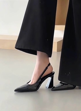 梨小七七~法式气质黑色真皮高跟鞋女后空单鞋粗跟尖头仙女风凉鞋