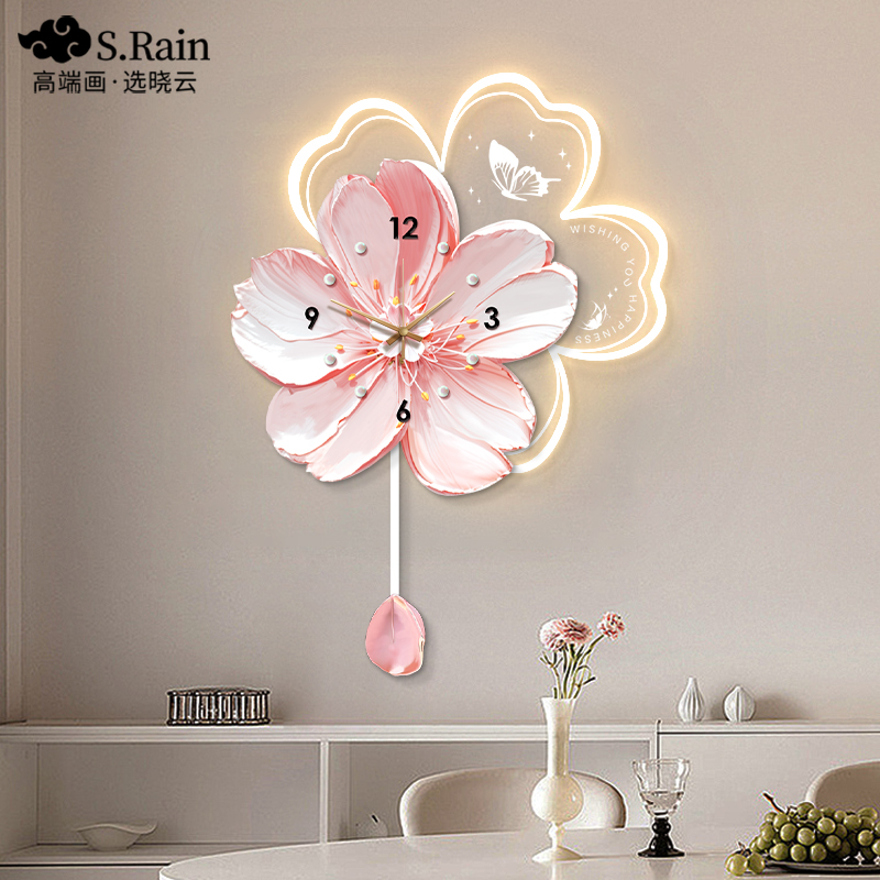 奶油风餐厅装饰画花卉钟表挂钟客厅2025新款挂画高级感餐桌壁画