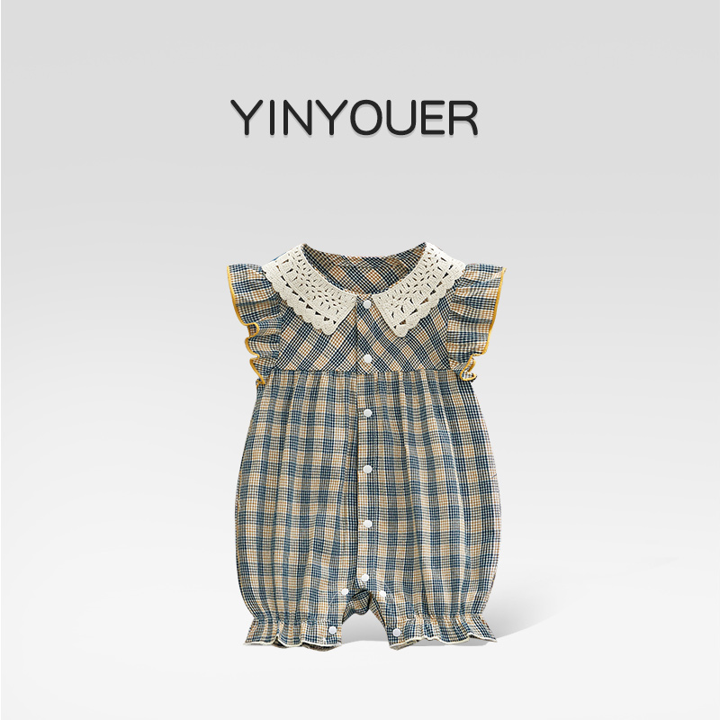 婴儿衣服夏装薄款小飞袖格纹哈衣女宝宝夏季连体衣满月百天外出服