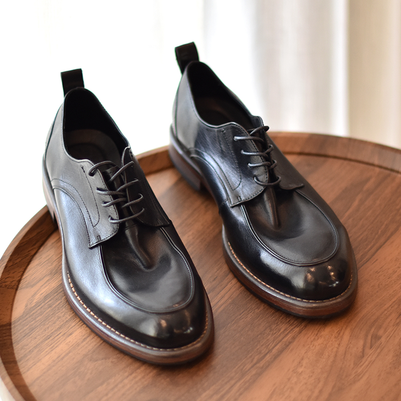 英伦复古手工真皮圆头休闲男鞋潮流德比鞋厚底商务正装皮鞋男婚鞋