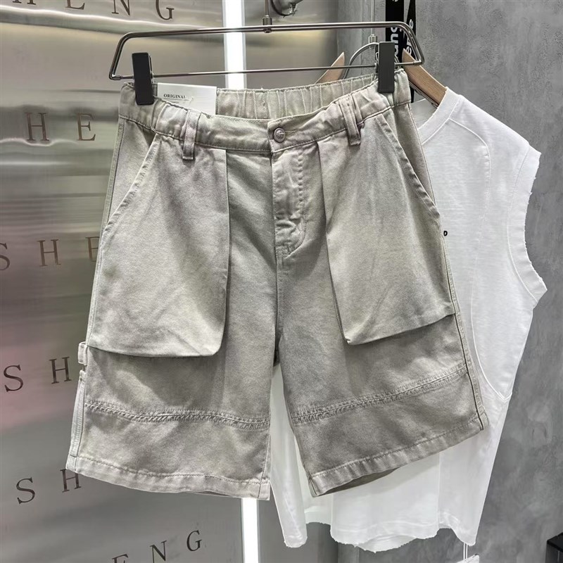 日系复古做旧水洗牛仔短裤男士潮牌宽松直筒工装五分中裤休闲马裤