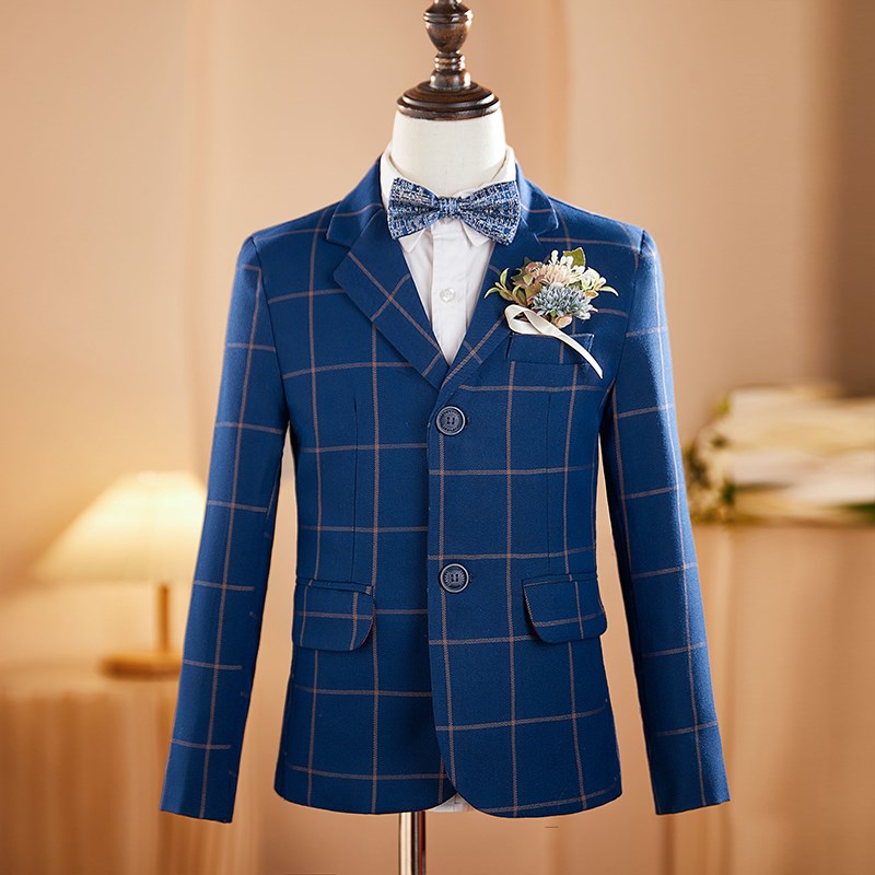 男童小西服格子西装套装主持人蓝色儿童礼服钢琴演出服舞台演出服