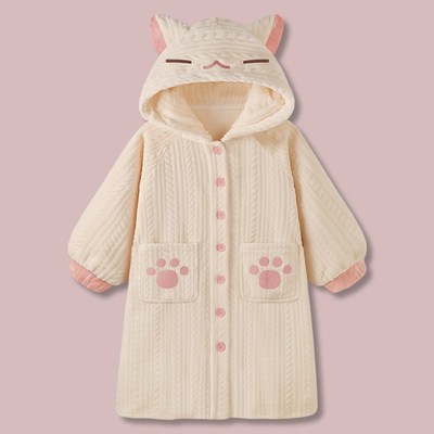 桃汽猫日系卡通小猫睡衣女款冬季加厚法兰绒情侣家居服睡袍男
