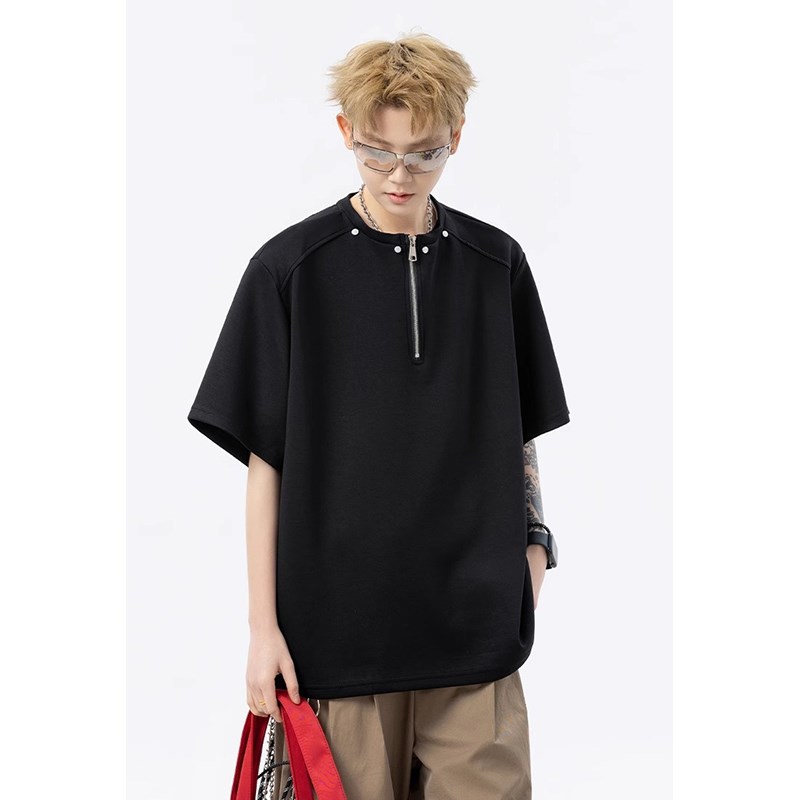 大码300斤重磅半拉链短袖t恤男装潮牌夏季穿搭青少年设计感五分袖