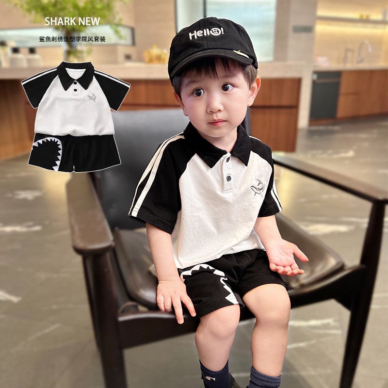 男童夏装套装2024新款洋气时髦儿童刺绣短袖短裤运动休闲两件套潮