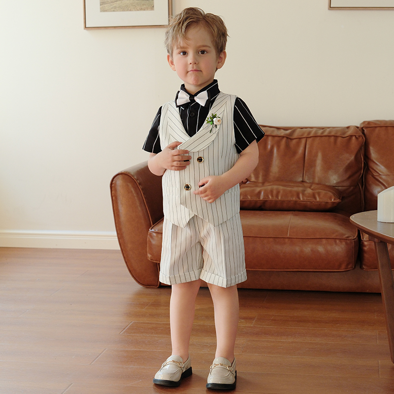 儿童西装套装男童夏季短袖马甲三件套男孩钢琴表演花童主持人礼服