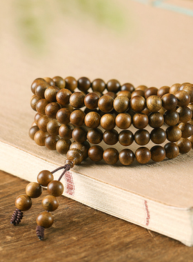 文莱沉香木手串108颗念珠戴脖子的男女多圈手链盘玩文玩佛珠手持