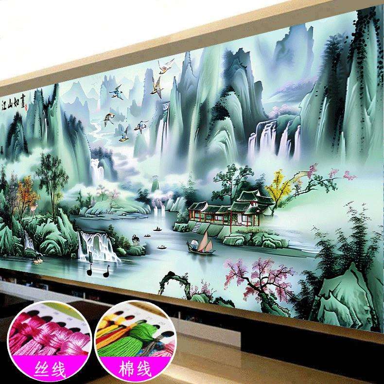 江山如画十字绣2024新绣客厅风景画流水生财聚宝盆大幅手工自己绣