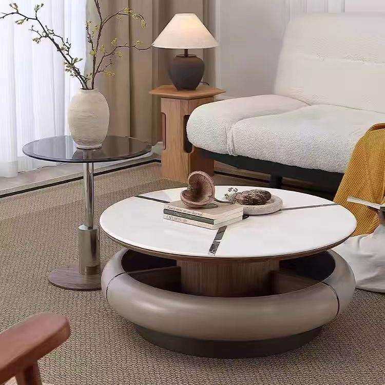 新款现代简约小户型圆形微晶石茶几玻璃边几组合轻奢现代旋转茶几