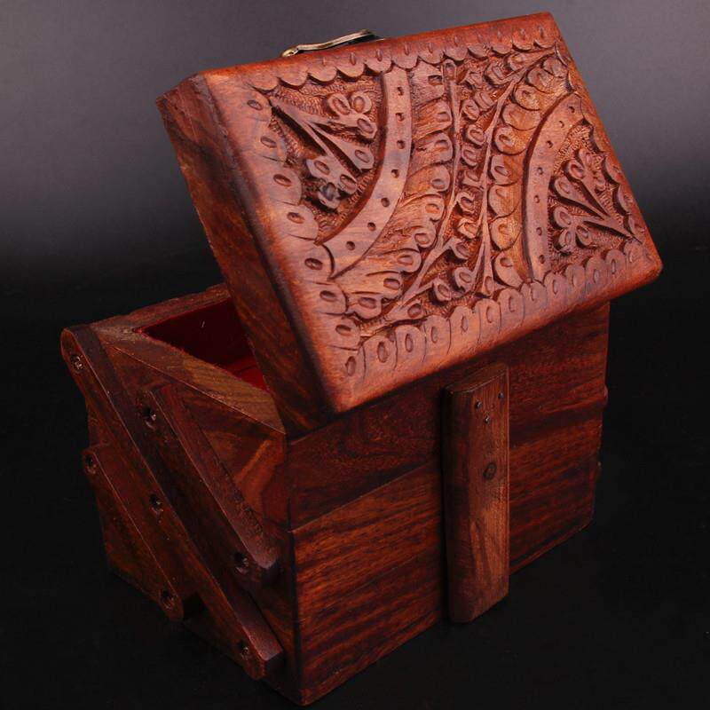 巴基斯坦手工雕刻仿古雕花核桃木珠宝盒首饰盒高档整木多格首饰盒