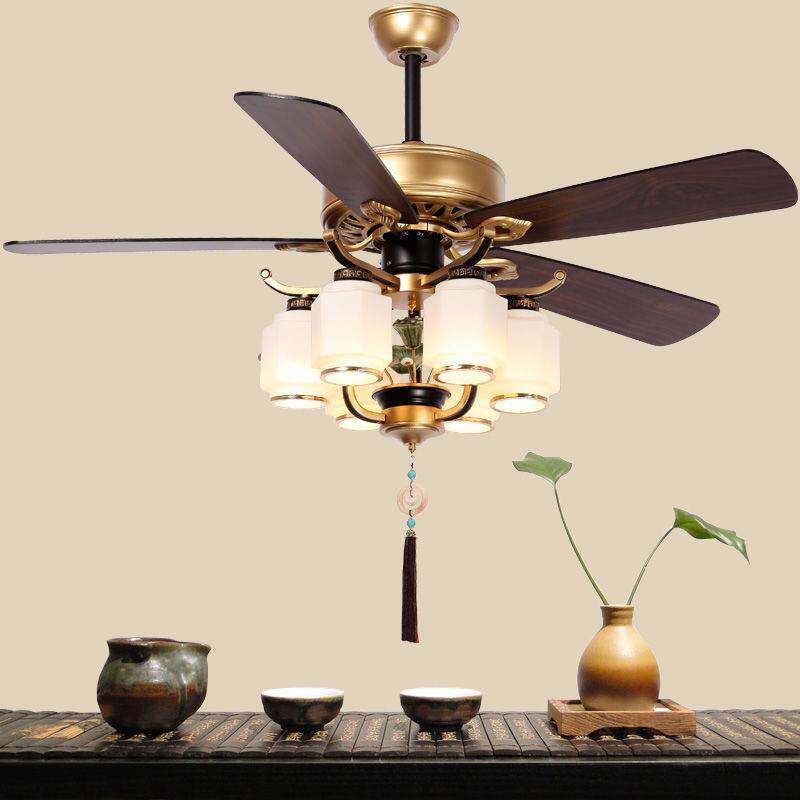 客厅餐厅茶楼卧室风扇灯木叶LED静音带风扇吊灯新中式仿古吊扇灯