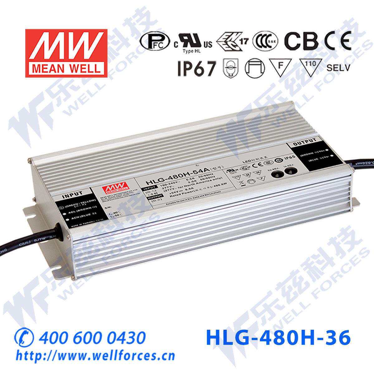 明纬36V LED电源480W HLG-480H-36AB 13.3A可调36V恒压调光7年保