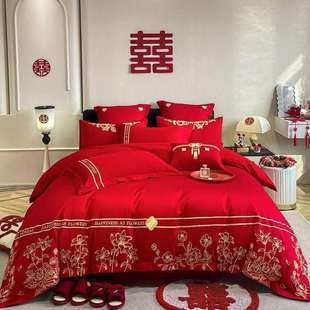 纯棉结婚床上用品4件套带红色喜被枕芯七件套新中式 婚庆被褥全套